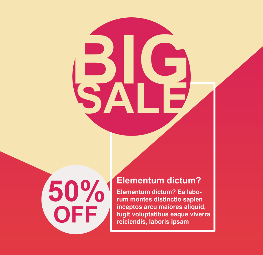 Big sale poster with 50% off offer.