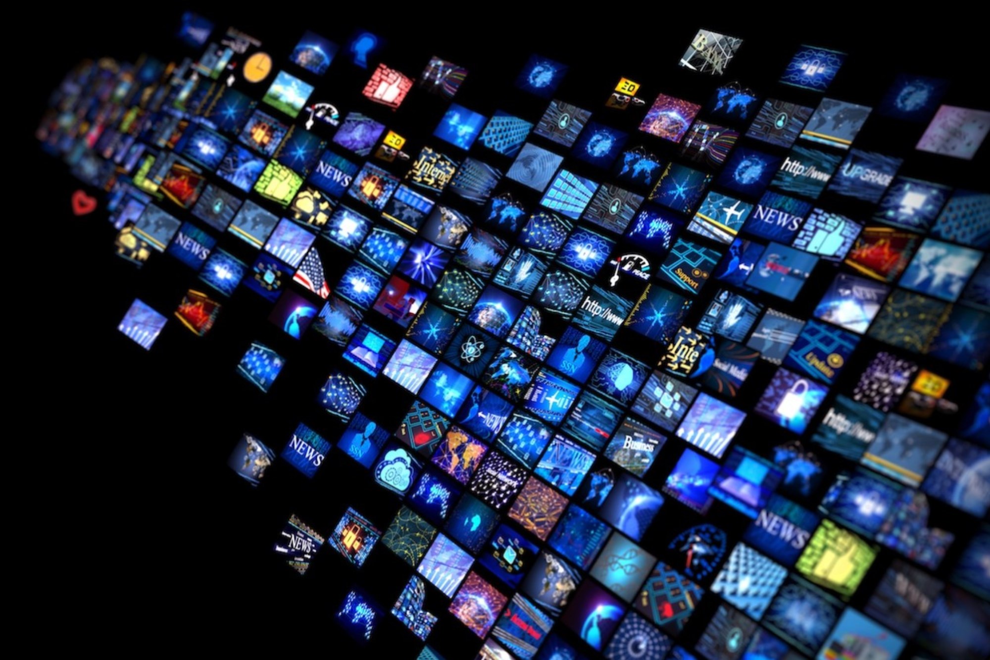 Collage of various media screens in perspective.
