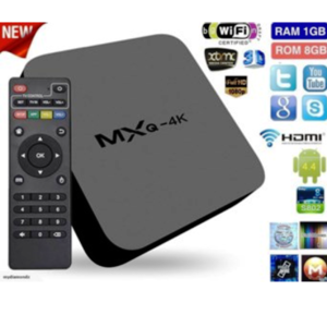 TV box with remote and feature icons.