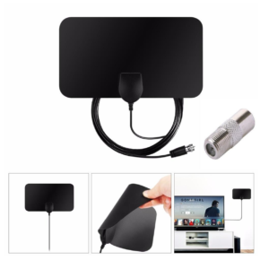 Black TV antenna with coaxial connector.
