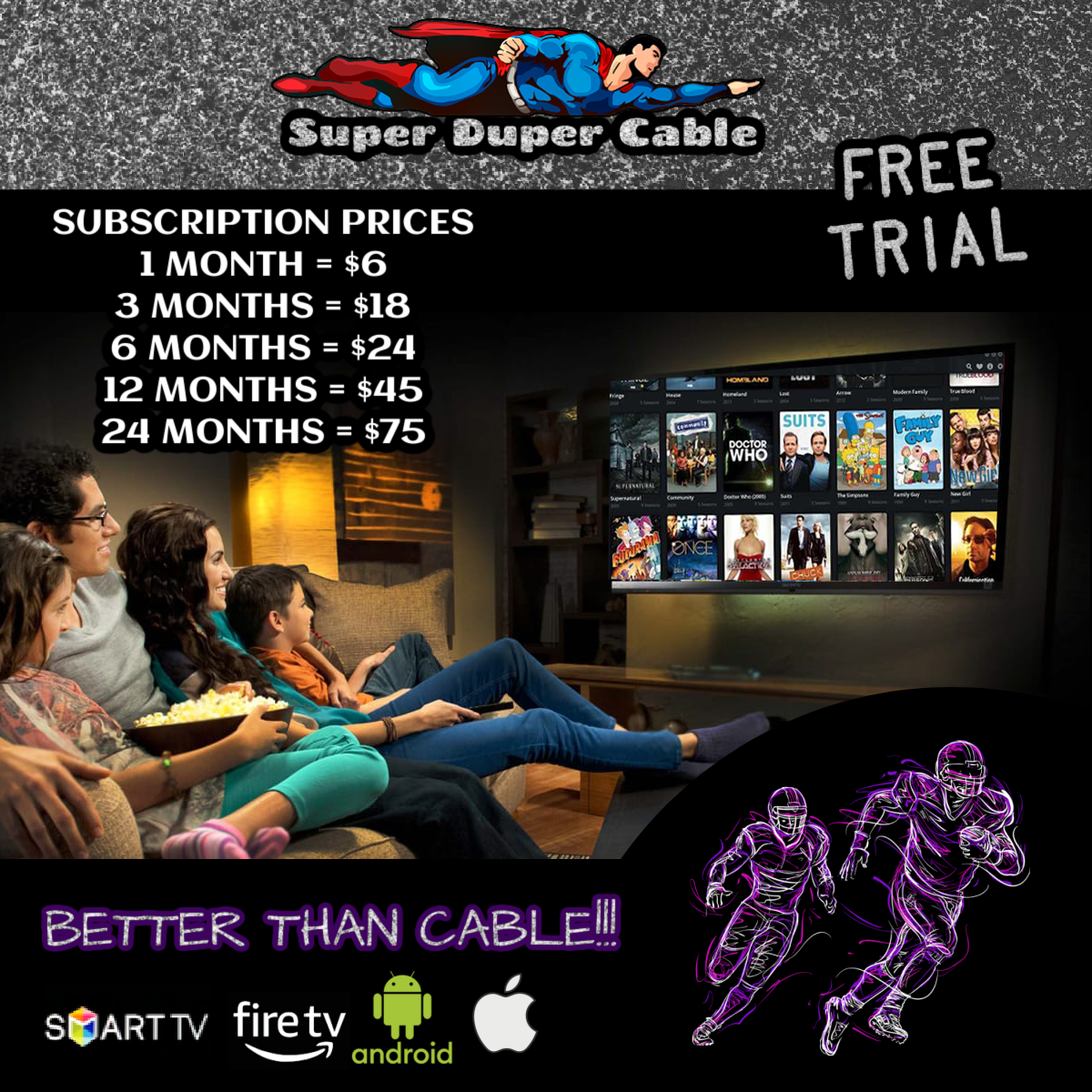 Family watching TV with subscription prices displayed.